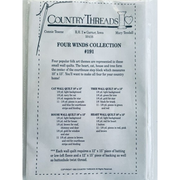 Country Threads Four Winds Collection Wall Quilt Patterns Heart Tree Cat House - Picture 2 of 2